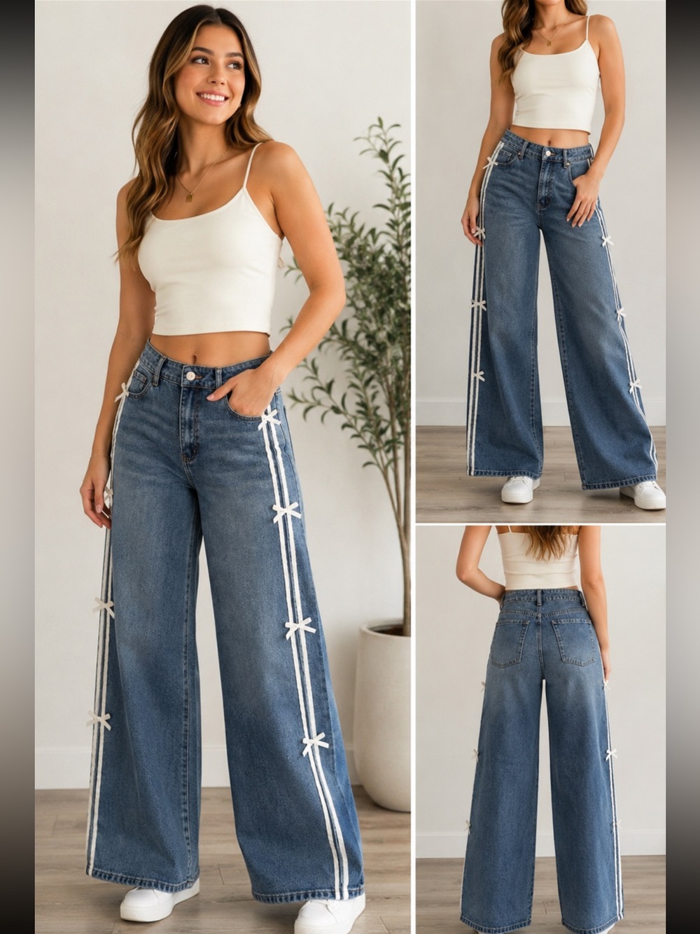 Mode Mystique Wide Leg Jeans Size 7/28 Y2K Style Coquette Bow Ribbon Stripe